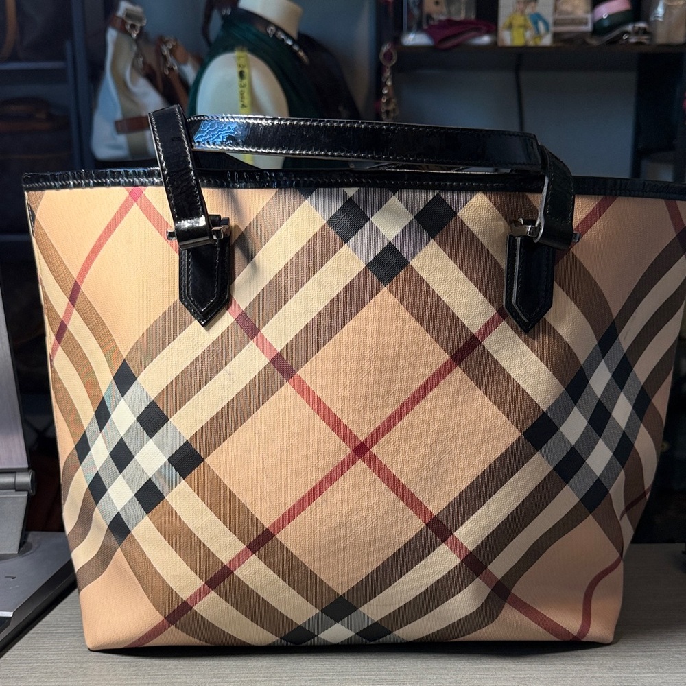 Burberry Beige and Black Checkered Tote